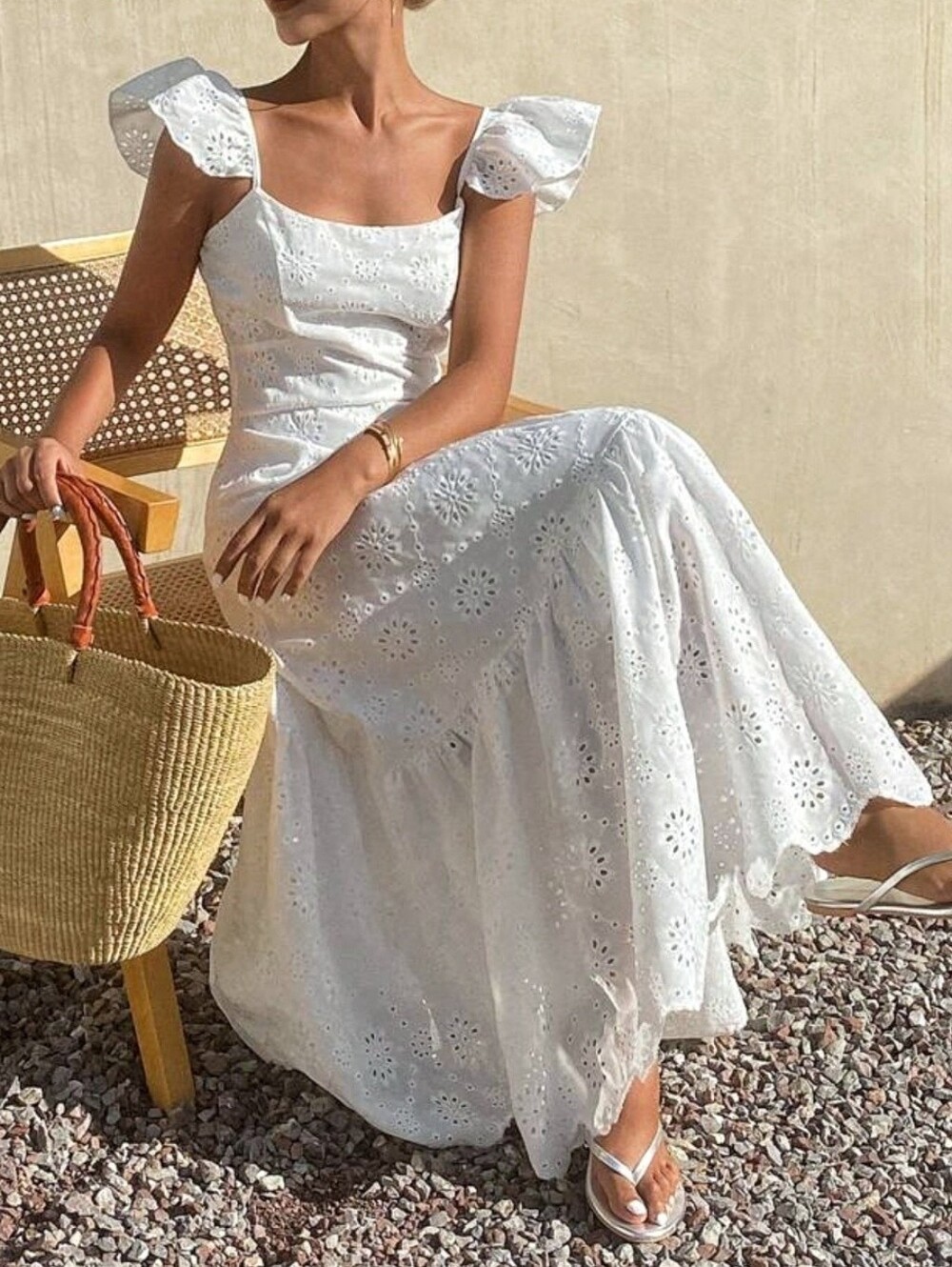 New Embroidered Eyelet Lace Ruffle Sleeve Cami Maxi Dress White - Picture 7 of 9